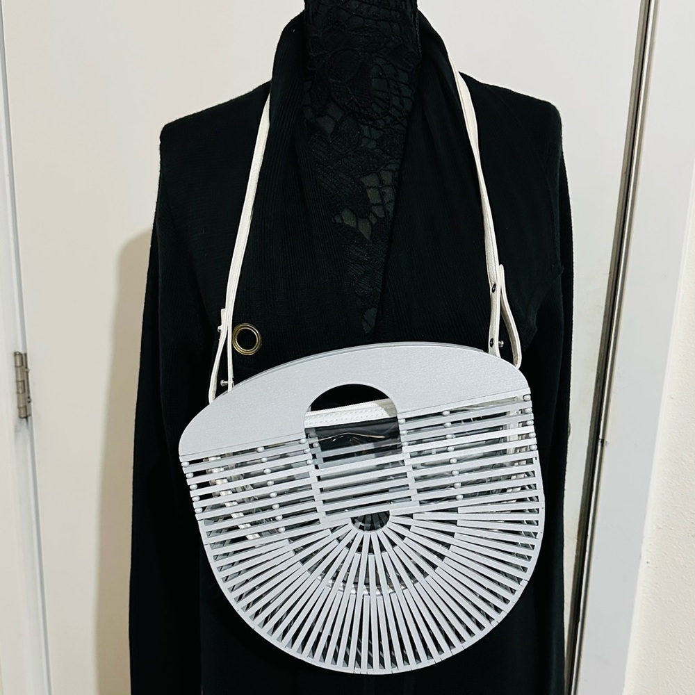 BAMBOO Silver Wooden Clutch Tote Shoulder Bag - Picture 2 of 11